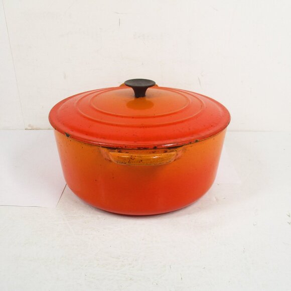 VTG Le Creuset France “E” 4.5 Qt Ribbed Flame Orange Enameled Dutch Oven Pot Lid - Picture 4 of 11